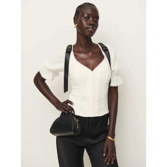 Reformation Tops - Reformation Inara Satin Bow Top Women’s Size 2 Small Smocked Fitted Blouse